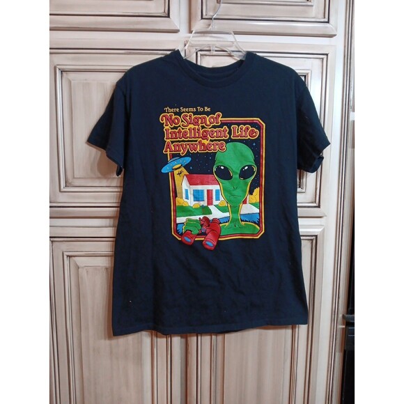 Mens M‎ - Short-Sleeve -Alien No Signs Of Intelligent Life-Graphic Print T-Shirt - Picture 1 of 4